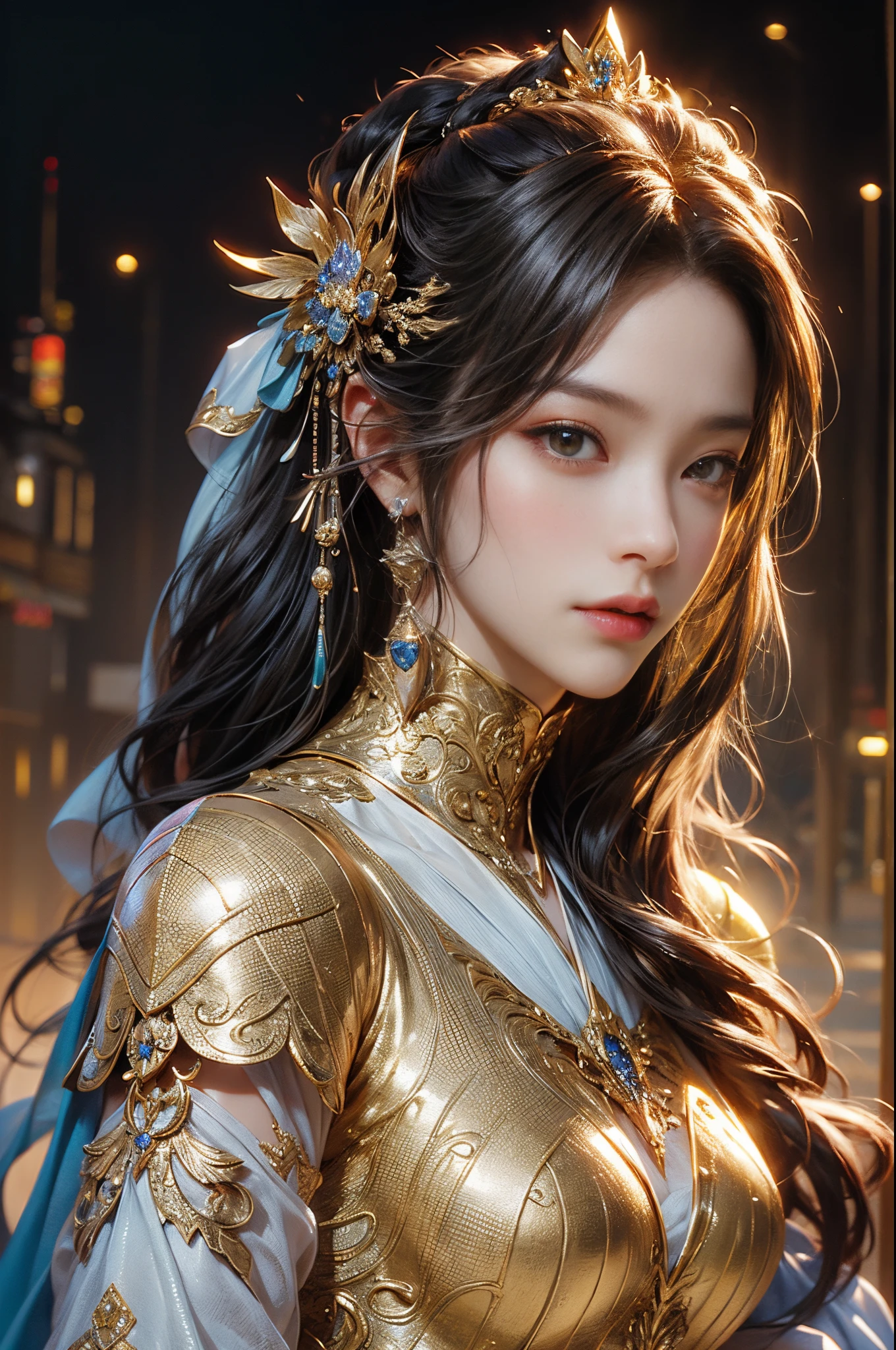 Close-up of a woman in a platinum gold dress, chengwei pan on artstation, by Yang J, detailed fantasy art, stunning character art, fanart best artstation, epic exquisite character art, beautiful armor, extremely detailed artgerm, detailed digital anime art, artgerm on artstation pixiv, armor girl