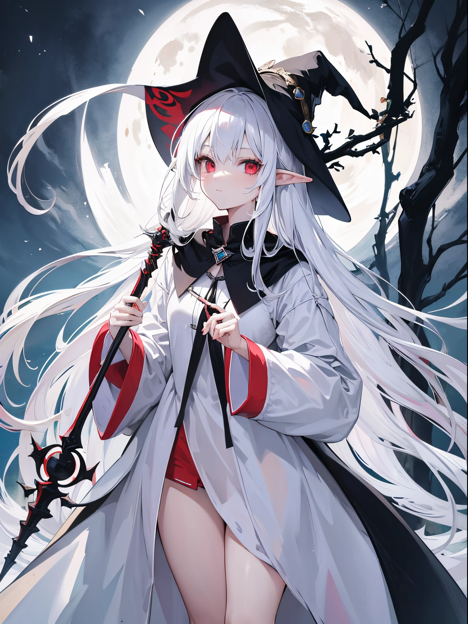 1 elf girl ,long white hair ,red eyes, wearing a witch hat ,wearing a sexy white gown , high resolution, ultrasharp,8k,master piece ,looking at viewer, wand in hand, background is a world tree