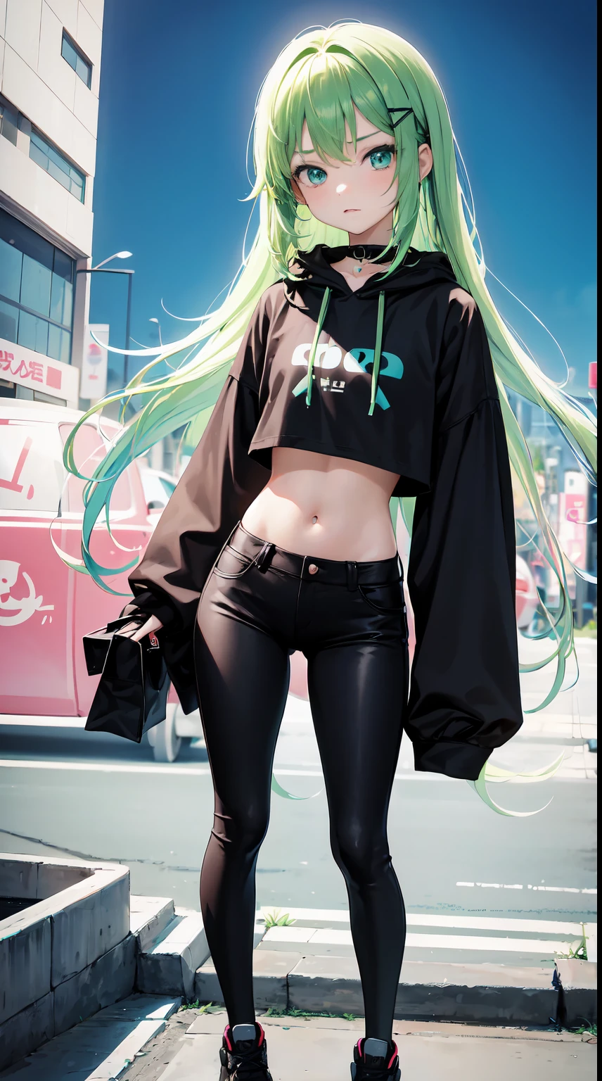 10 year old, 1girl, young girl, anime style, skinny body, Anime young girl wearing crop top black hoodie, skinny jeans pants, blue long hair with hair-clip, green eyes colour, pose picture of her cute pose, straight on street of towers, anime art wallpaper, detailed, 8k, high quality