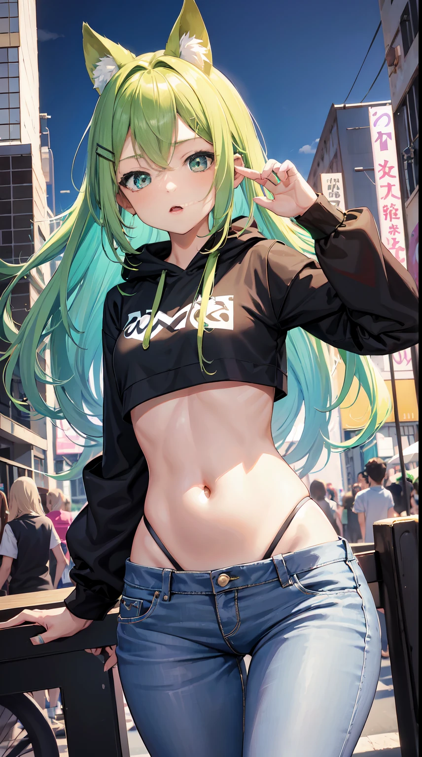 10 year old, 1girl, young girl, anime style, skinny body, Anime young girl wearing crop top black hoodie, skinny jeans pants, blue long hair with hair-clip, green eyes colour, pose picture of her cute pose, straight on street of towers, anime art wallpaper, detailed, 8k, high quality