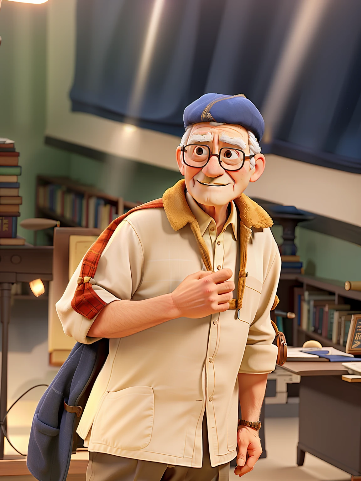 A wise old man standing in front, illuminated by the light of a lamp, against the backdrop of a library