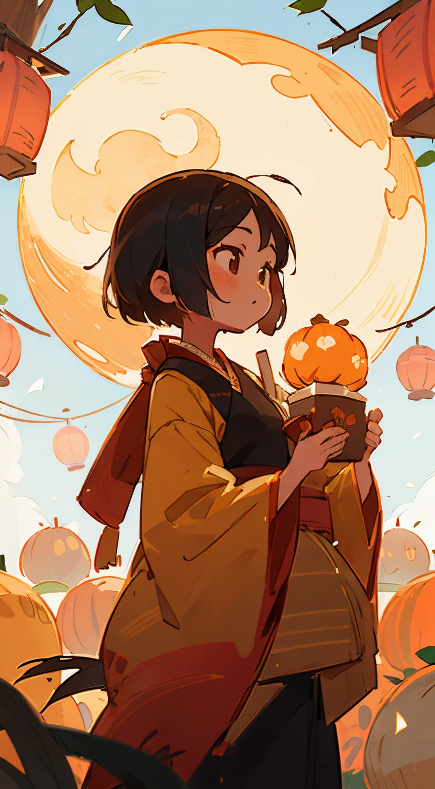 mid-autumn festival，large moon， girl，paper lanterns，kiosk，Hanfu，little light，warm orange，The warm，Mooncakes in hand