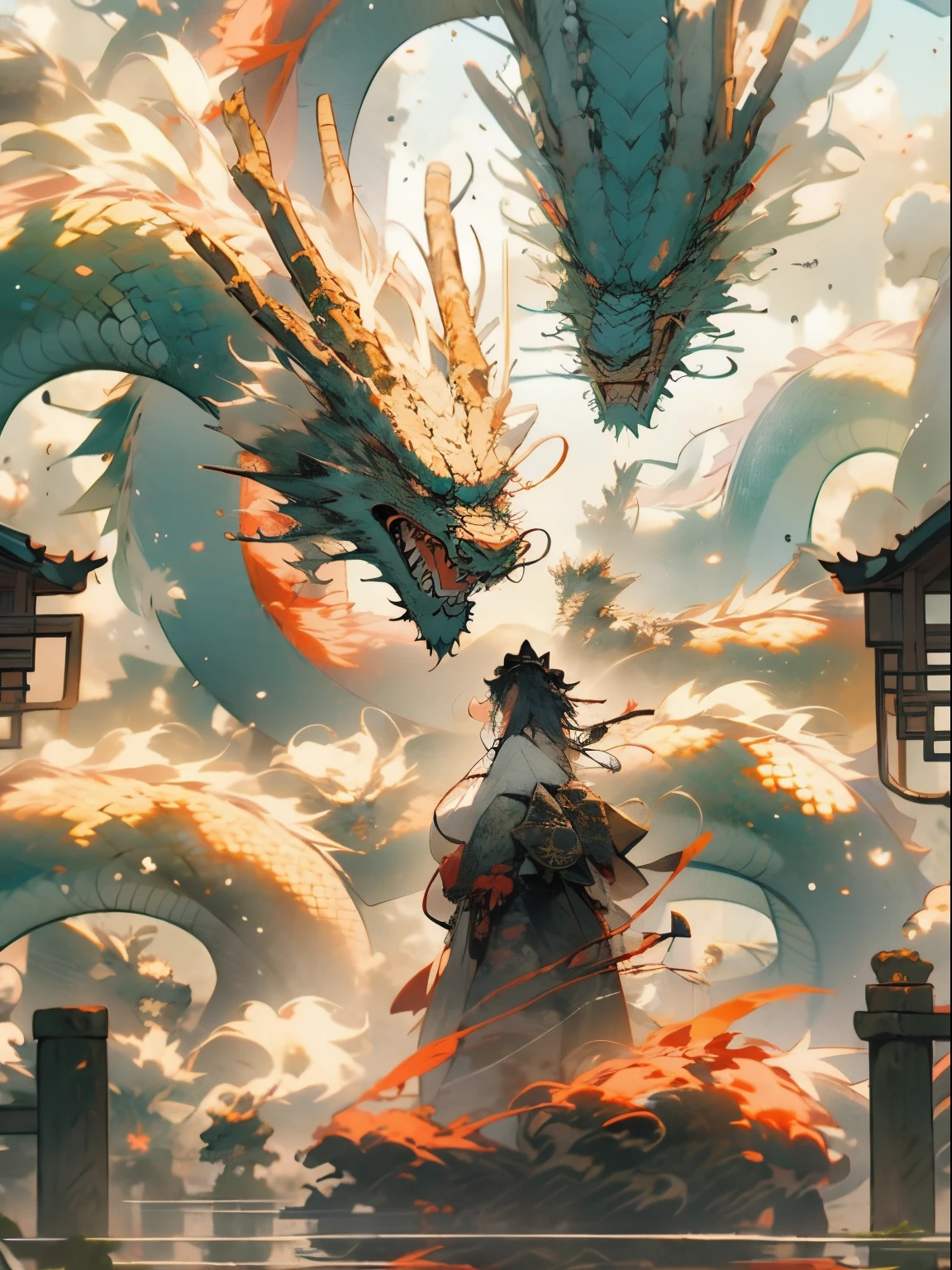 （One guy）(Libido boy, (((Black coat))),((Black Hanfu youth)), (((Black hair))), kingly air, gorgeous, handsome, outstanding temperamen,Sword in hand，There are a lot of Chinese dragons behind it) (Add a little background: Inside the ancient Chinese streets),Chinese Dragon
Warming up