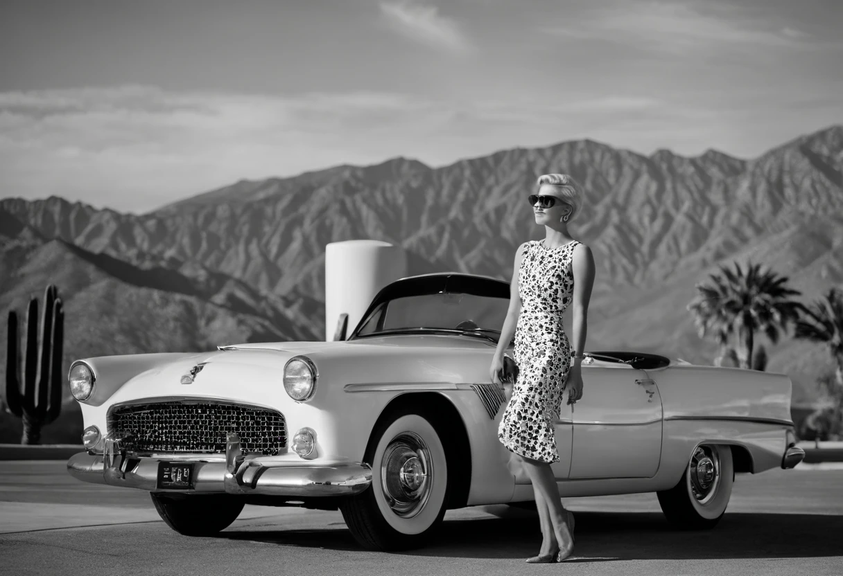 Young blonde woman with short hair, palm springs, 比基尼, California, mid century, bold black and white style, zeiss flat t * 80mm f/2.8, Stylish, fujifilm neo edition, s whole body, bold pattern, celebrity photos
