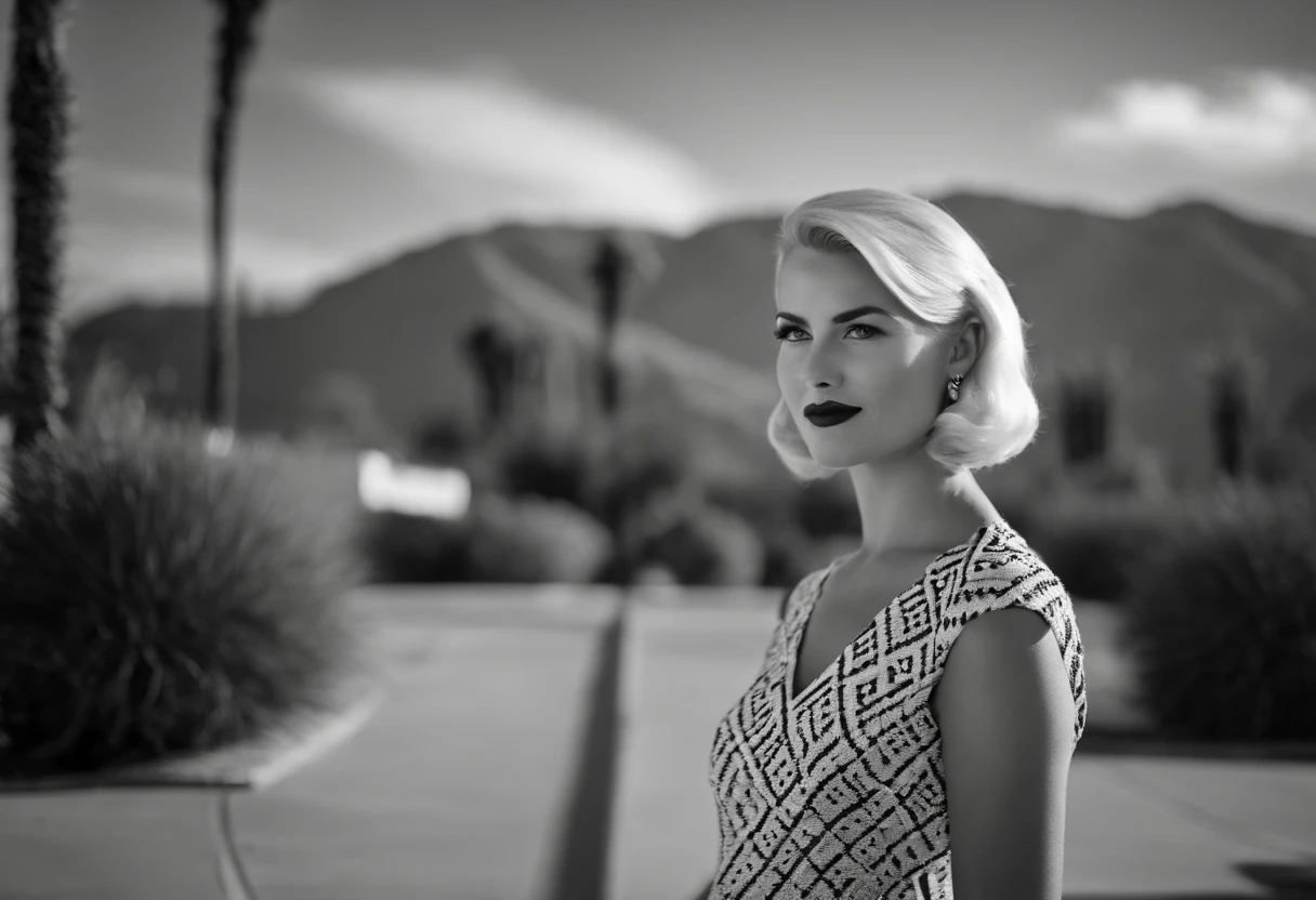 Young blonde woman with short hair, palm springs, 比基尼, California, mid century, bold black and white style, zeiss flat t * 80mm f/2.8, Stylish, fujifilm neo edition, s whole body, bold pattern, celebrity photos