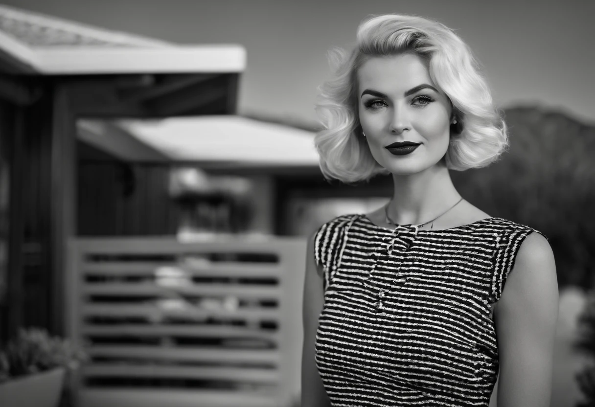 Young blonde woman with short hair, palm springs, 比基尼, California, mid century, bold black and white style, zeiss flat t * 80mm f/2.8, Stylish, fujifilm neo edition, s whole body, bold pattern, celebrity photos