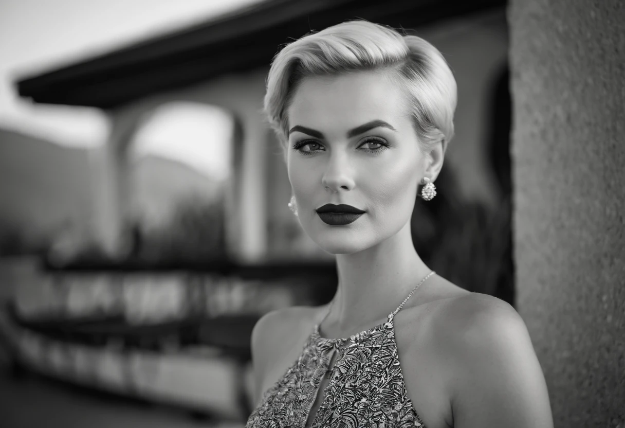 Young blonde woman with short hair, palm springs, 比基尼, California, mid century, bold black and white style, zeiss flat t * 80mm f/2.8, Stylish, fujifilm neo edition, s whole body, bold pattern, celebrity photos