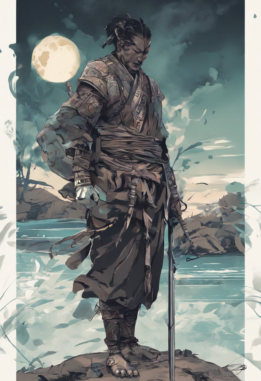 highes definition,bem detalhado,uma samurai, africana, garota cyber punk, pele negra,segurando katana, espada, altamente detalhado, Old Japanese style,de lado para observador, Tattoos on the arm,sun and moon symbol,bem detalhado, tatuagens, on the right arm, detalhado, cabelos preso, escuro, grassy environment near a lake, translucent water,luz solar,placid waters, clima feliz,highes definition, master part.