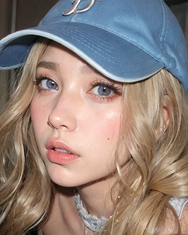 Mujer rubia con sombrero azul y vestido azul posando para una foto., Cara como Ester Exposito, adolescente hiperrealista, cabello rubio y ojos grandes, Retrato de Kim Petras, Cabello largo y rubio y ojos grandes, Cabello largo y rubio y ojos grandes, Caras ultra realistas, Caras ultra realistas precisas, Cara ultra realista, doll face, y2k aesthetic