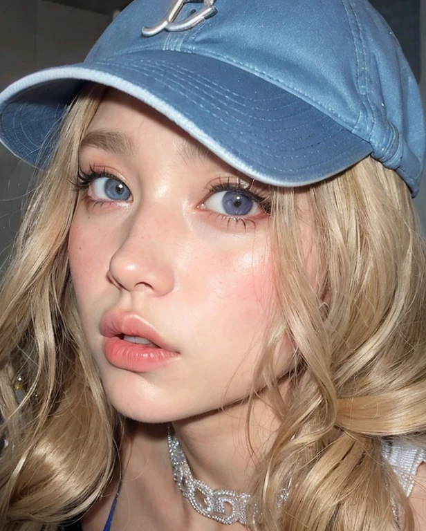 Mujer rubia con sombrero azul y vestido azul posando para una foto., Cara como Ester Exposito, adolescente hiperrealista, cabello rubio y ojos grandes, Retrato de Kim Petras, Cabello largo y rubio y ojos grandes, Cabello largo y rubio y ojos grandes, Caras ultra realistas, Caras ultra realistas precisas, Cara ultra realista, doll face, y2k aesthetic