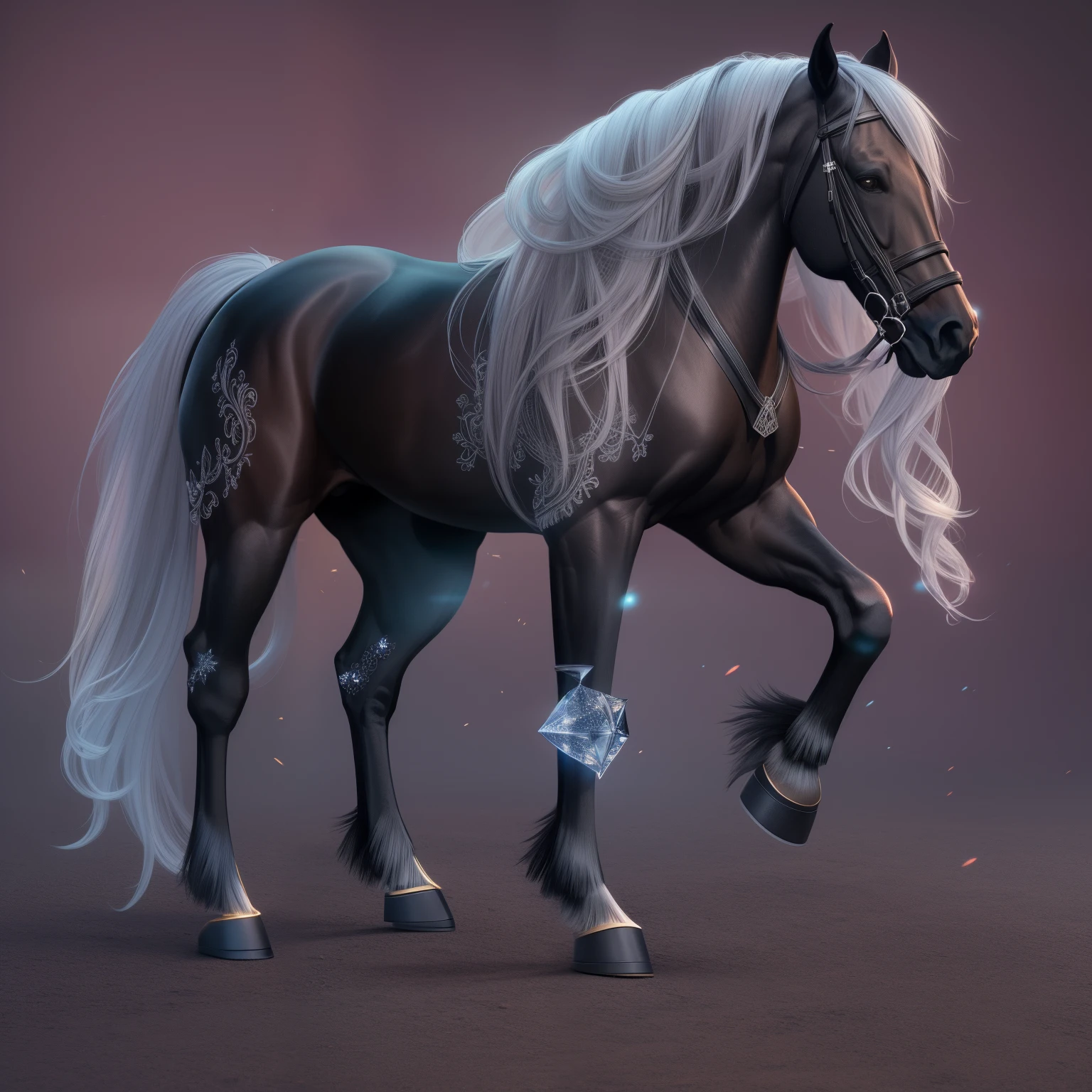 Side view, cute black horse, Glowing crystal, Frost metallic lace, fanciful, The halo, Complicated details. 8K, It's like a dream, ultra-realistic realism, super adorable, Symmetrical, gentlesoftlighting, Complicated details, The is very detailed, unreal-engine, Full pose,plethora of colors,The texture is realistic,canon eos r3,HighDynamicRange,smooth private parts,Focus sharp,A high resolution