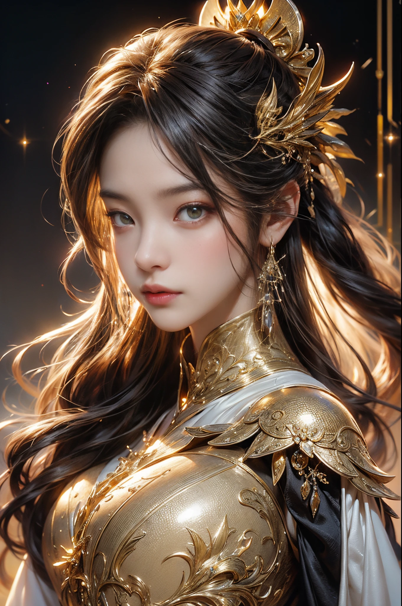 Close-up of a woman in a platinum gold dress, chengwei pan on artstation, by Yang J, detailed fantasy art, stunning character art, fanart best artstation, epic exquisite character art, beautiful armor, extremely detailed artgerm, detailed digital anime art, artgerm on artstation pixiv, armor girl