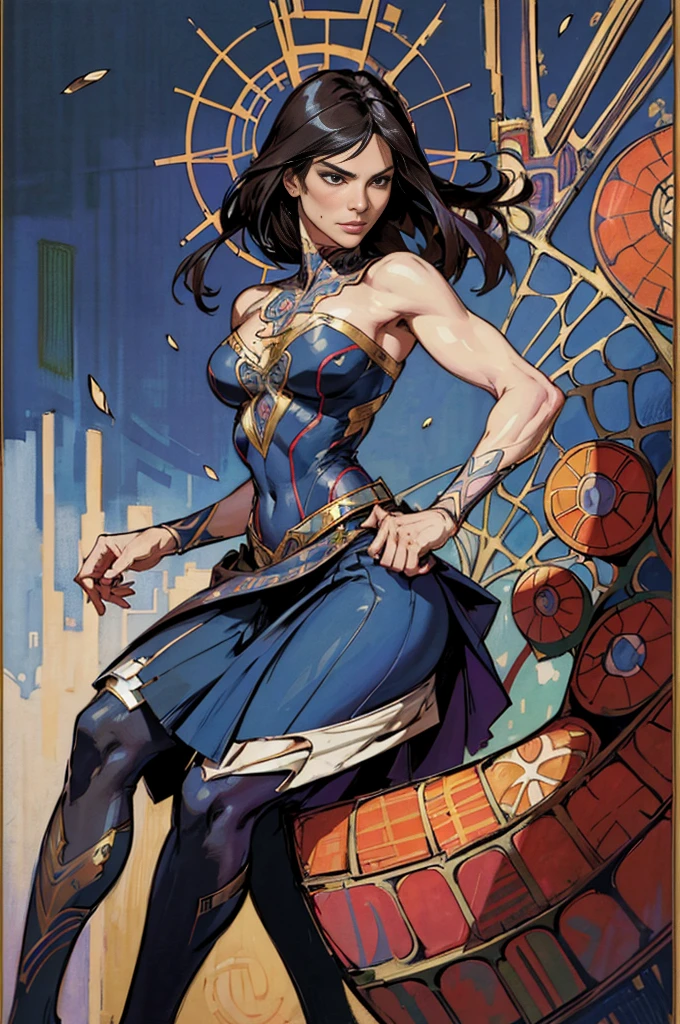 sandra bullock、Sticking out the navel、newyork、She wears a torn Spider-Man suit,wearing skirt、abstract photorealistic、artistic、Alphonse Mucha's painting(​masterpiece、top-quality、hight resolution:1.4)、detaileds、intricate-detail、4K、color splashes、line-drawing、Fibonacci、