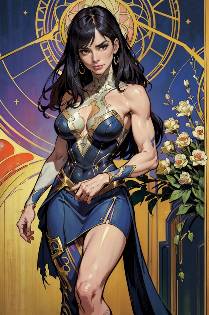 sandra bullock、Sticking out the navel、newyork、She wears a torn Spider-Man suit,wearing skirt、abstract photorealistic、artistic、Alphonse Mucha's painting(​masterpiece、top-quality、hight resolution:1.4)、detaileds、intricate-detail、4K、color splashes、line-drawing、Fibonacci、