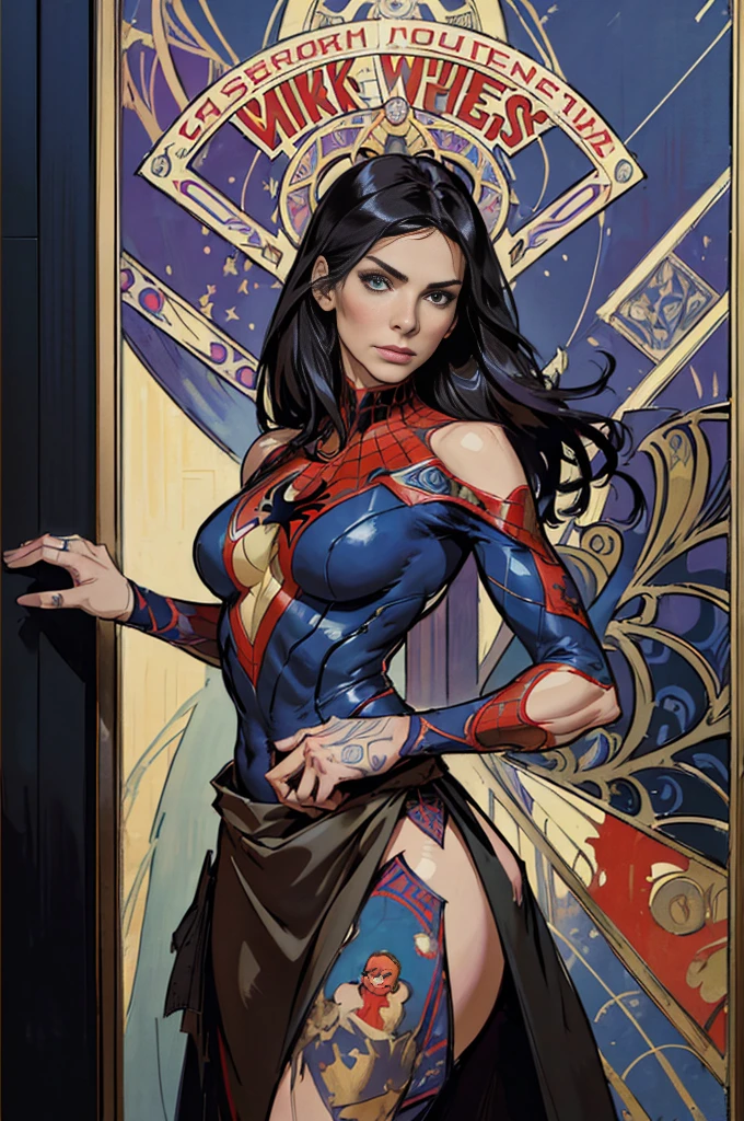 sandra bullock、Sticking out the navel、newyork、She wears a torn Spider-Man suit,wearing skirt、abstract photorealistic、artistic、Alphonse Mucha's painting(​masterpiece、top-quality、hight resolution:1.4)、detaileds、intricate-detail、4K、color splashes、line-drawing、Fibonacci、