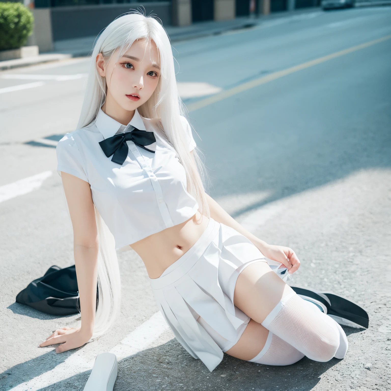 Long white hair，White color blouse，a black bowtie，Blue short pleated skirt，White stockings，White thong panties，lies on the ground，The skirt was lifted，JK Maiden，photorealestic