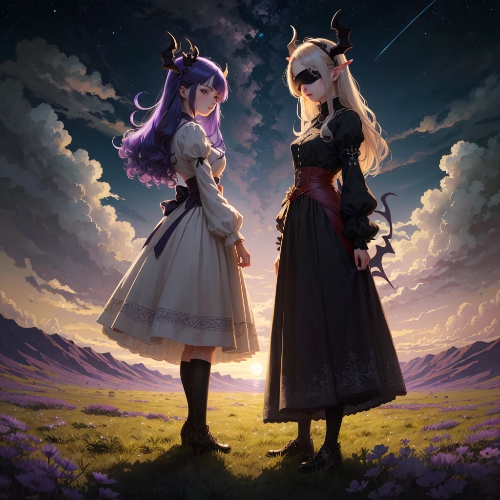 An anime style maiden with two demonic twisted horns on her head in green historical European style clothes wearing a grey blindfold facing towards the purple-black sky filled with vibrant stars at night while standing in a grassland having her right hand towards the sky.