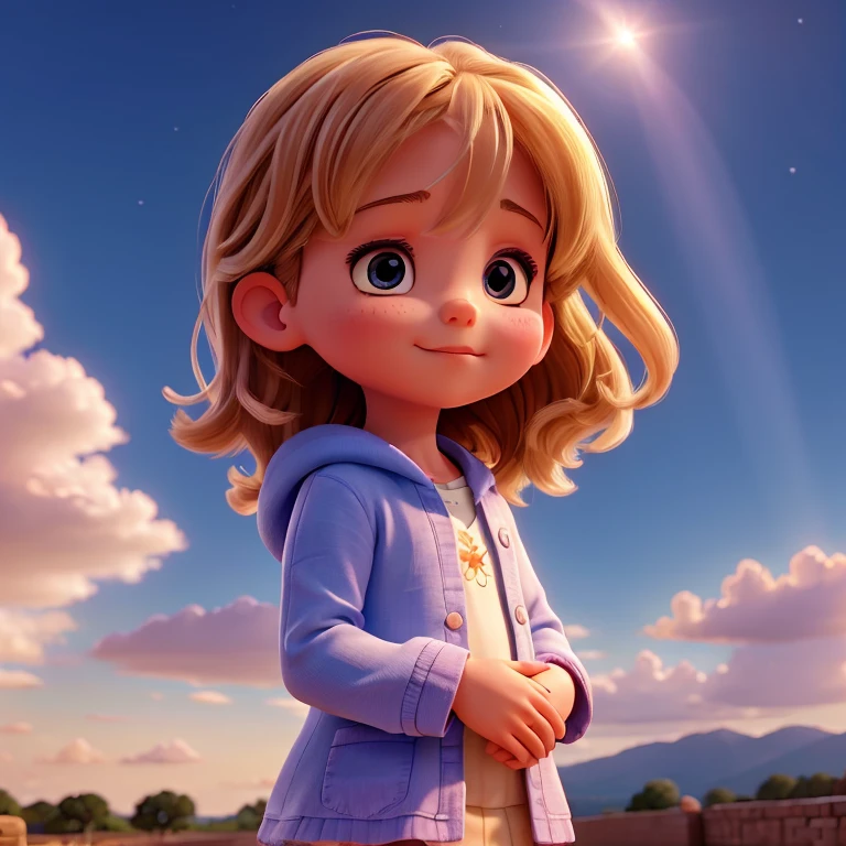 July praying, beautiful sky with bright light above the child, details fulhd 16k