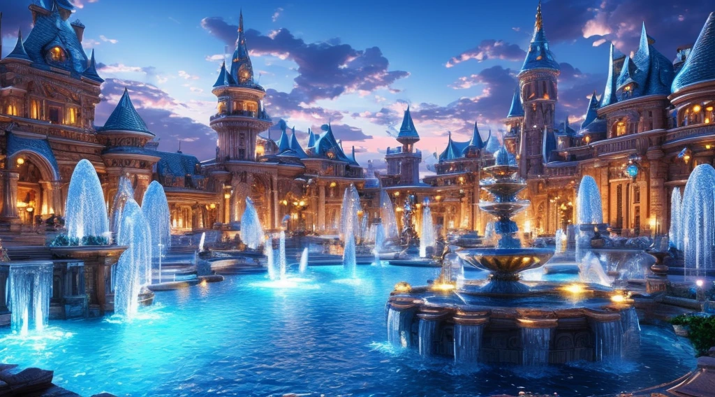 Light blue-white tones，Gorgeous interior space，Blend in with the beautiful white building，All white interior fantasy scene，((Super spectacular fountain))，(Super rich fountain)，Fountains at different levels，Transformation crystal，Ice crystals，Super quality，tmasterpiece，Super refined，A lot of detail，Splashing water droplets，feeling of mist，water vapor eruption