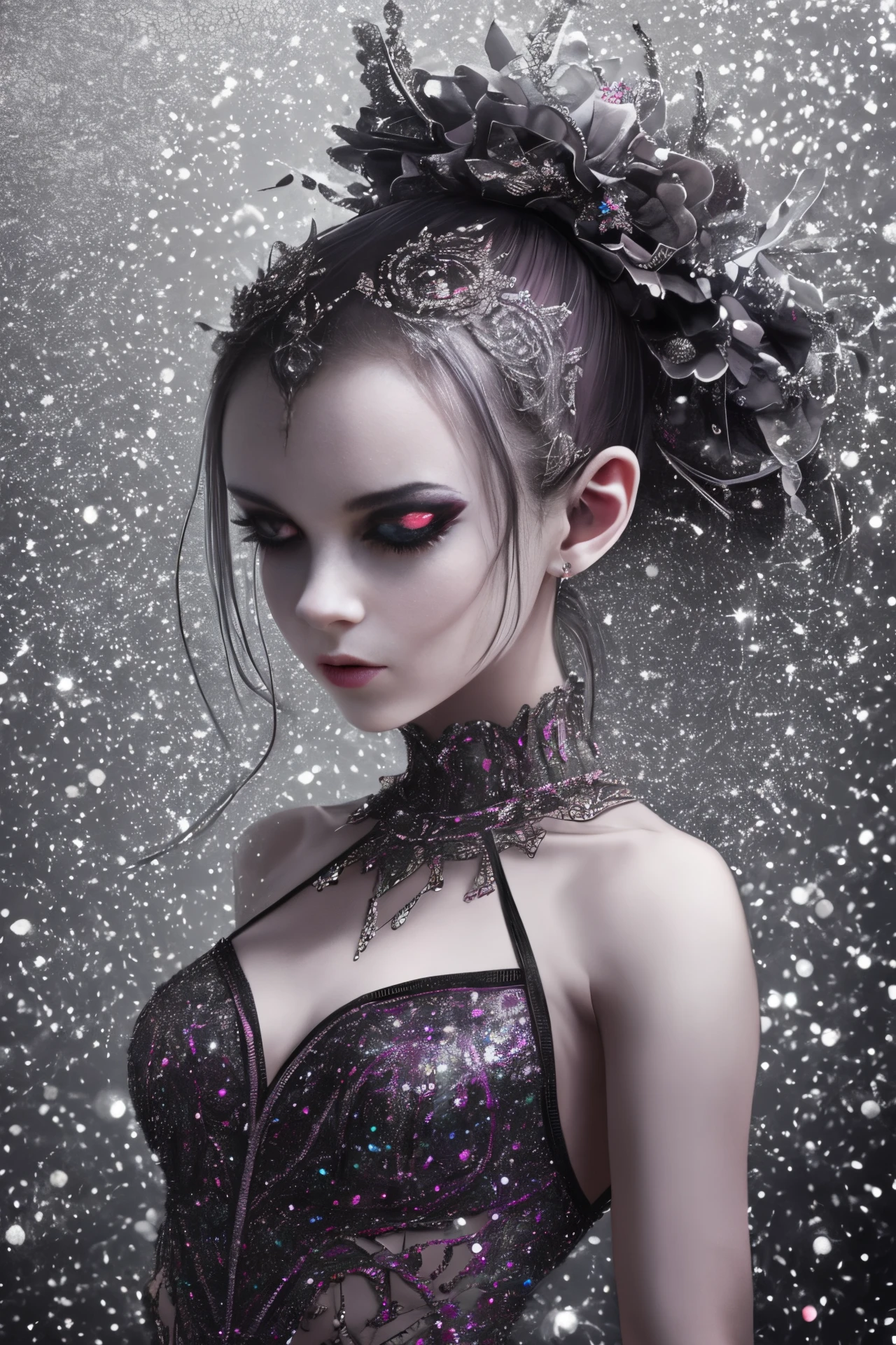 Creepy ballet dancer, intricate sparkle background, horrorcore, balletcore, scary atmosphere, dark aesthetic, hyperdetailed, hyperrealistic, dynamic lighting, inspired by pinterest art --auto --s2