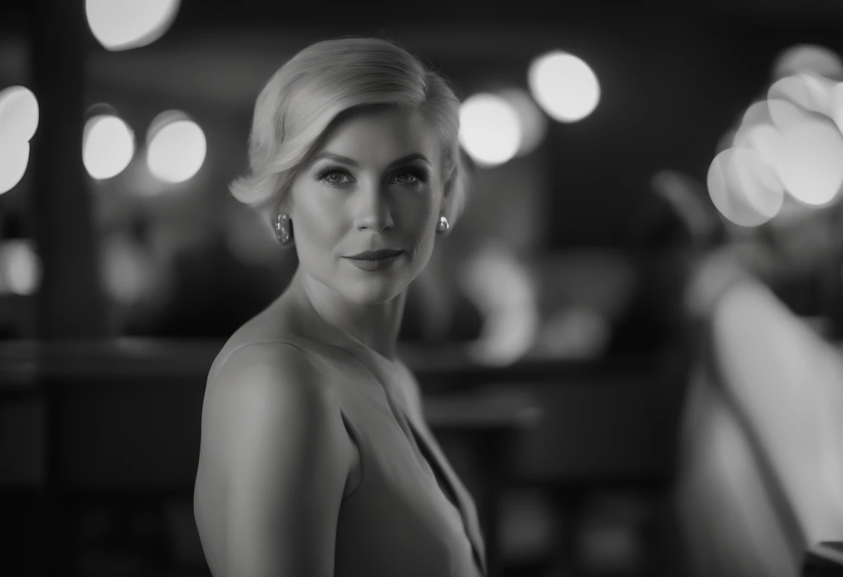 Young blonde woman with short hair, palm springs, 比基尼, California, mid century, bold black and white style, zeiss flat t * 80mm f/2.8, Stylish, fujifilm neo edition, s whole body, bold pattern, celebrity photos