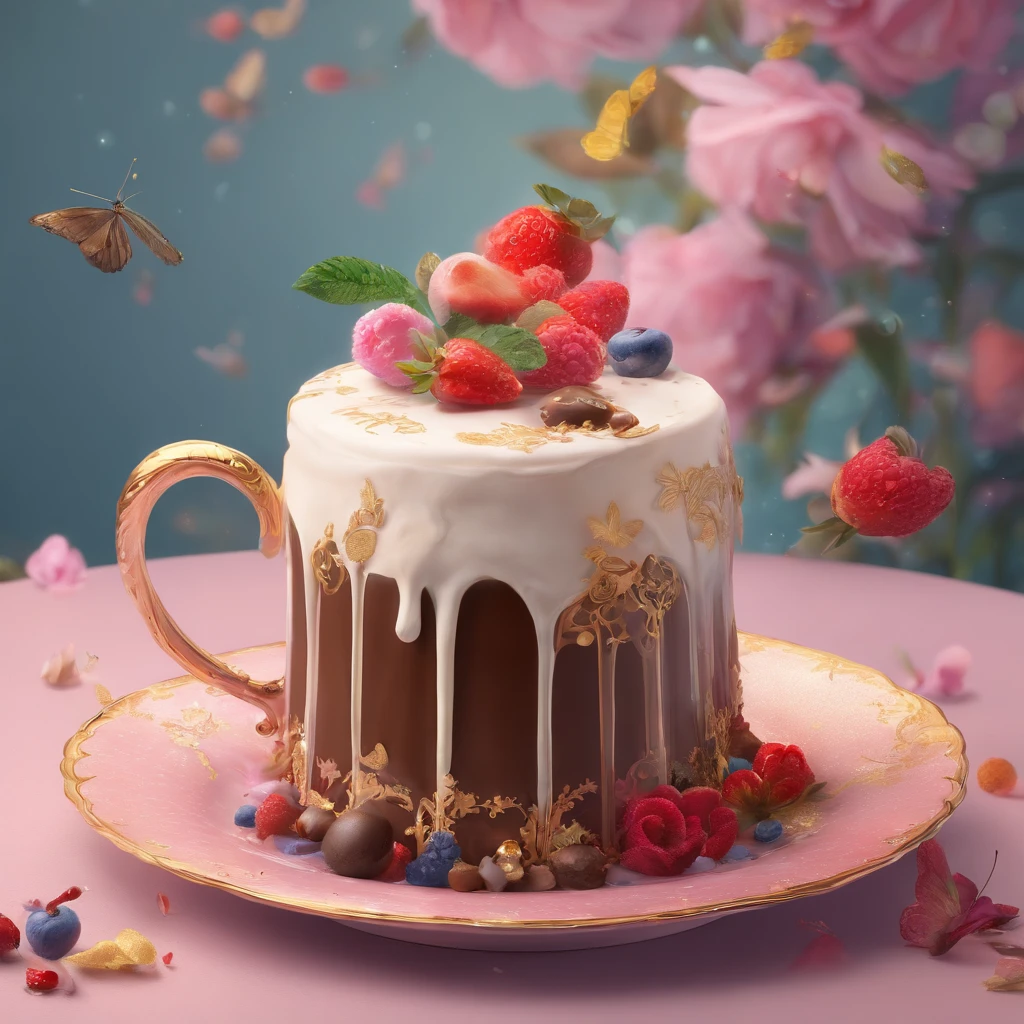 projected inset, Rococo style, hyper HD, masutepiece, ccurate, Super Detail, high details, awardwinning, High quality, 8K
(Close up of royal premium tea cup and whipped cream cake),(scoop,fresh flowers,butterflys,Chocolate)(Perfect integration:1.37),Surrealist amazing food illustrations, amazing composition, Cooking Art Photography, Great food pictures, 3 Illustrations, Artwork Baking, cinema 4 d art, Authors:by Marie Bashkirtseff, made with photoshop, 3D Collage, 3 d epic illustrations, beeple. hyperphotorealism