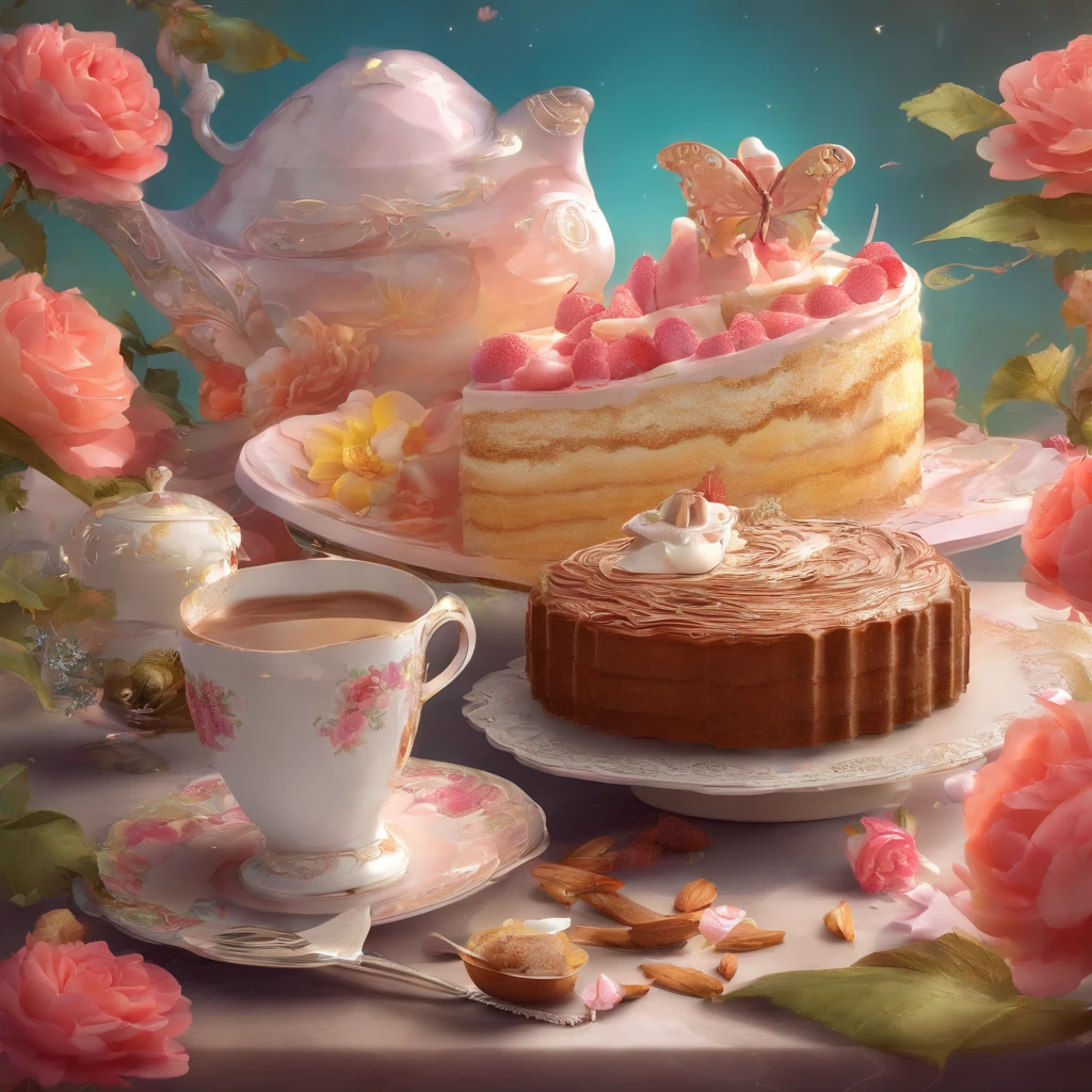 projected inset, Rococo style, hyper HD, masutepiece, ccurate, Super Detail, high details, awardwinning, High quality, 8K
(Close up of royal premium tea cup and whipped cream cake),(scoop,fresh flowers,butterflys,Chocolate)(Perfect integration:1.37),Surrealist amazing food illustrations, amazing composition, Cooking Art Photography, Great food pictures, 3 Illustrations, Artwork Baking, cinema 4 d art, Authors:by Marie Bashkirtseff, made with photoshop, 3D Collage, 3 d epic illustrations, beeple. hyperphotorealism