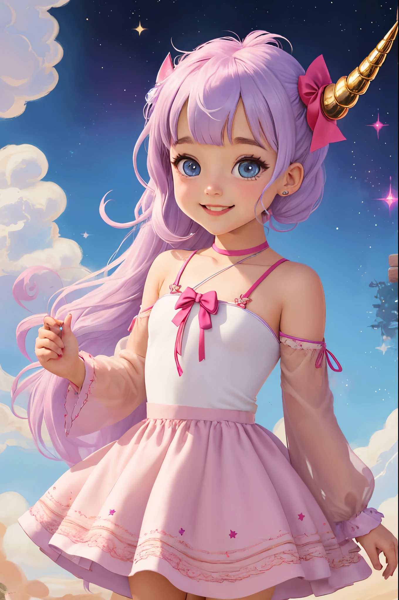 Menina com uns 6 anos, loira, cabelo na altura do ombro, olhos castanhos, sorrindo, wearing a unicorn dress with colorful skirt, com seis dedos levantados, with a pixar-style unicorn horn bow