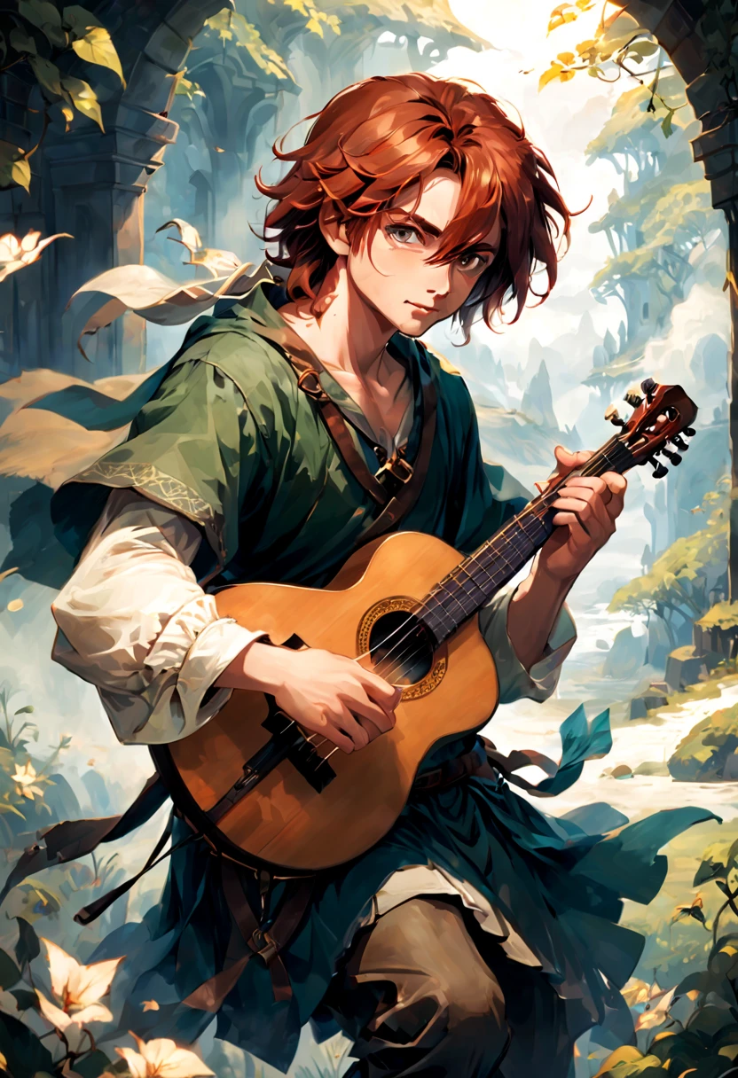 master part,Realistic,best quality, ultra-detalhado, stunning illustration, mescla 2d com anime, um homem homem bardo jovem, majo, is playing a lute, sorrindo, dynamic position, wide view, Roupas de bardo, dramatic light effect, cabelos vermelhos curtos, olhos castanhos escuros, pele branca, similar appearance to Kvothe from The Name of the Wind