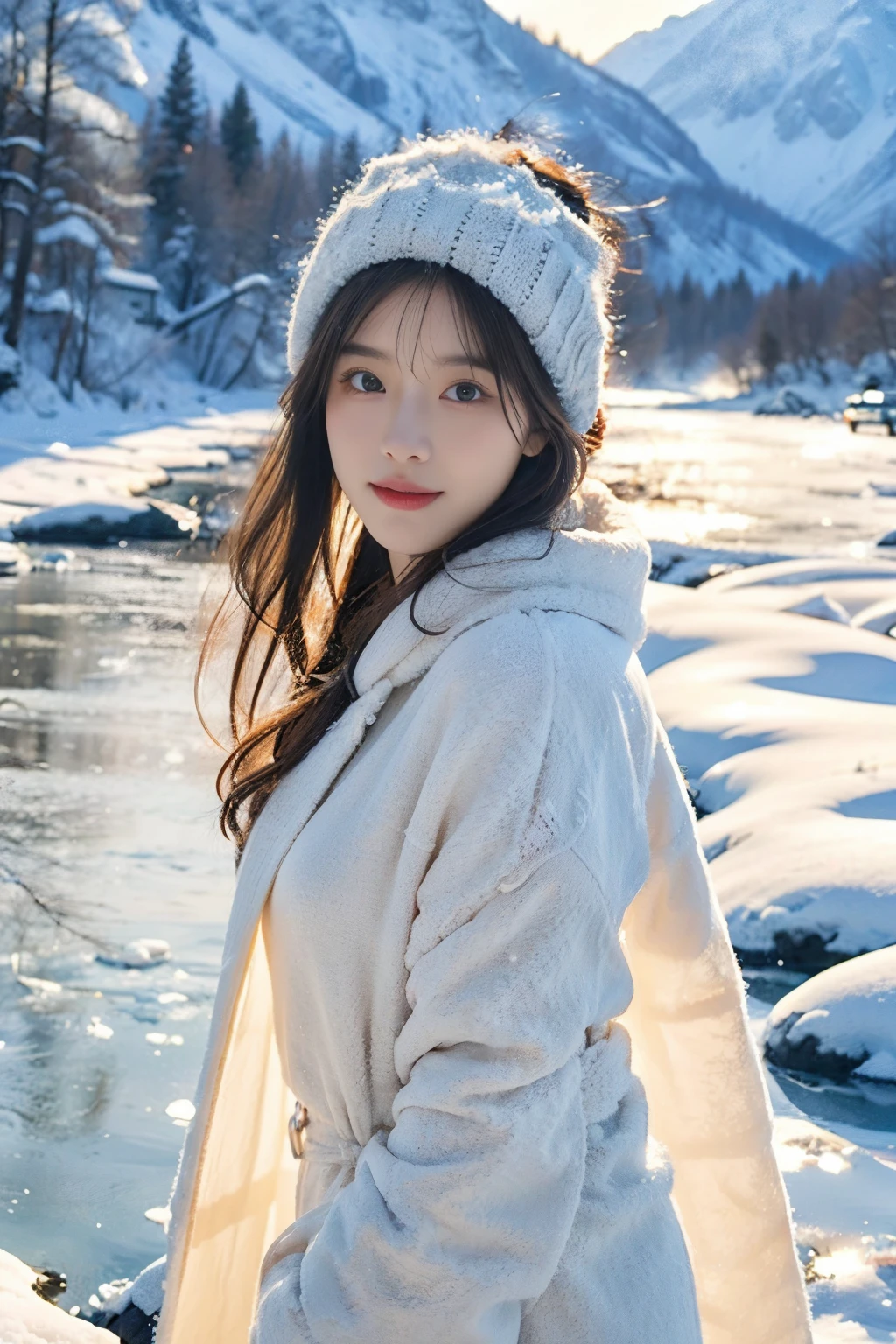 photo-realism、top-quality、超高分辨率、photore、(Very detailed faces),(intricately details)Photos of the most beautiful Nordic girl in the world、The princess on the snow mountain wears a gorgeous white robe,The robe is studded with sparkling silver gems,Like stars in the ice and snow。Her hair was tied into a delicate bun,tas'Dotted with tiny ice crystals and silver silk flowers.,slightly shiny。her face is beautiful,The skin is as white as snow,Eyes as clear and bright as lake water,Revealing a touch of tranquility and depth。There was a faint smile on her lips,Like the spring breeze blowing through the snowy mountains,Gentle and moving。Her environment is quiet and peaceful,Surrounded by snow-capped peaks,Under the sunlight,A clear stream flows in the valley,A gentle breeze blew by,Blowing up her dress and hair,Picturesque,It's like a fairyland。