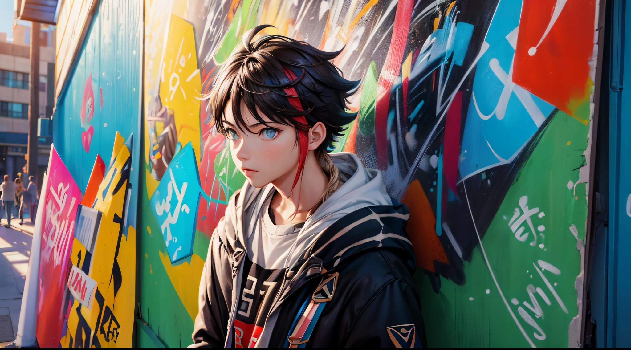 (******, Akina Saegusa vtuber, sit in front of an audience, graffiti background on street wall, cover illustration, game illustration, bright colours, Bright graffiti, Game art) (Best Quality, 4k, hight resolution, Masterpiece:1.2), Ultra-detailed, (Realistic, Photorealistic, photo-realistic:1.37), HDR, UHD, studio lightning, ultra-fine painting, sharp-focus, physical based rendering, extreme detail description, Professional, Vivid colors, bokeh, portrai, Illustrations, street art, Pop art style, Bright colors, dinamic lighting.