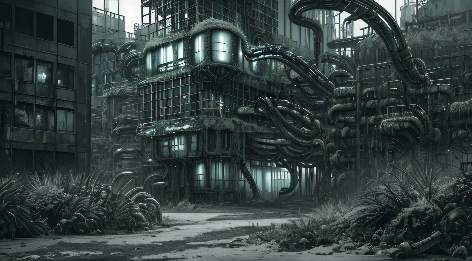 ((gloomy biopunk atmosphere)), ((biopunk tentacle factory building)), dark gray worms, gloomy cold lighting, grey wasteland, lots of grey sand, (scorn videogame style), horror atmosphere, (presence of something terrible), highly detailed biopunk background, background by Hans Giger, perfect anatomy, masterpiece