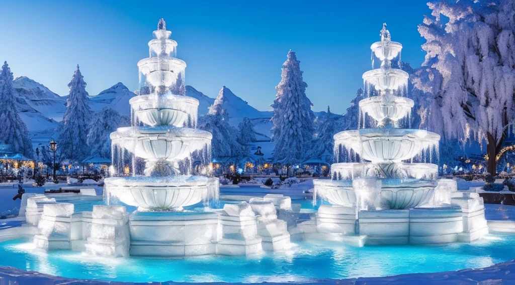 Light blue-white tones，Gorgeous interior space，Blend in with the beautiful white building，All white interior fantasy scene，((Super spectacular fountain))，(Super rich fountain)，Fountains at different levels，Transformation crystal，Ice crystals，Super quality，tmasterpiece，Super refined，A lot of detail，Splashing water droplets，feeling of mist，water vapor eruption