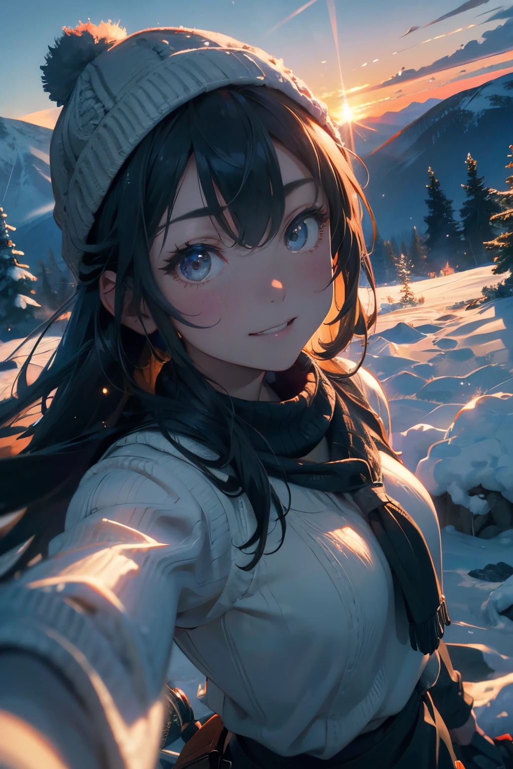 (Upper body selfie:1.3),Winter climbing,With a superb view from the summit in the background,Beautiful sunrise,Remove the beam from above,Backlighting,Generate images of beautiful women around the world,Especially while reflecting elements of Western beauty.Woman with natural smile and attractive expression,Woman with natural smile and attractive expression,Transparent skin,sparkle in eyes,Expresses an elegant atmosphere,,Solo, backpack,knit hat,Sweaters,gloves,Mountain boots,water bottle,Camping stove,kettle,mug,Single-person tent,strong wind blowing,blizzard,Hair fluttering in the storm,(The 8k quality,masutepiece,top-quality,Ultra-high resolution output image,),(Highly detailed raw photos:1.3),(Image Mode Ultra HD),