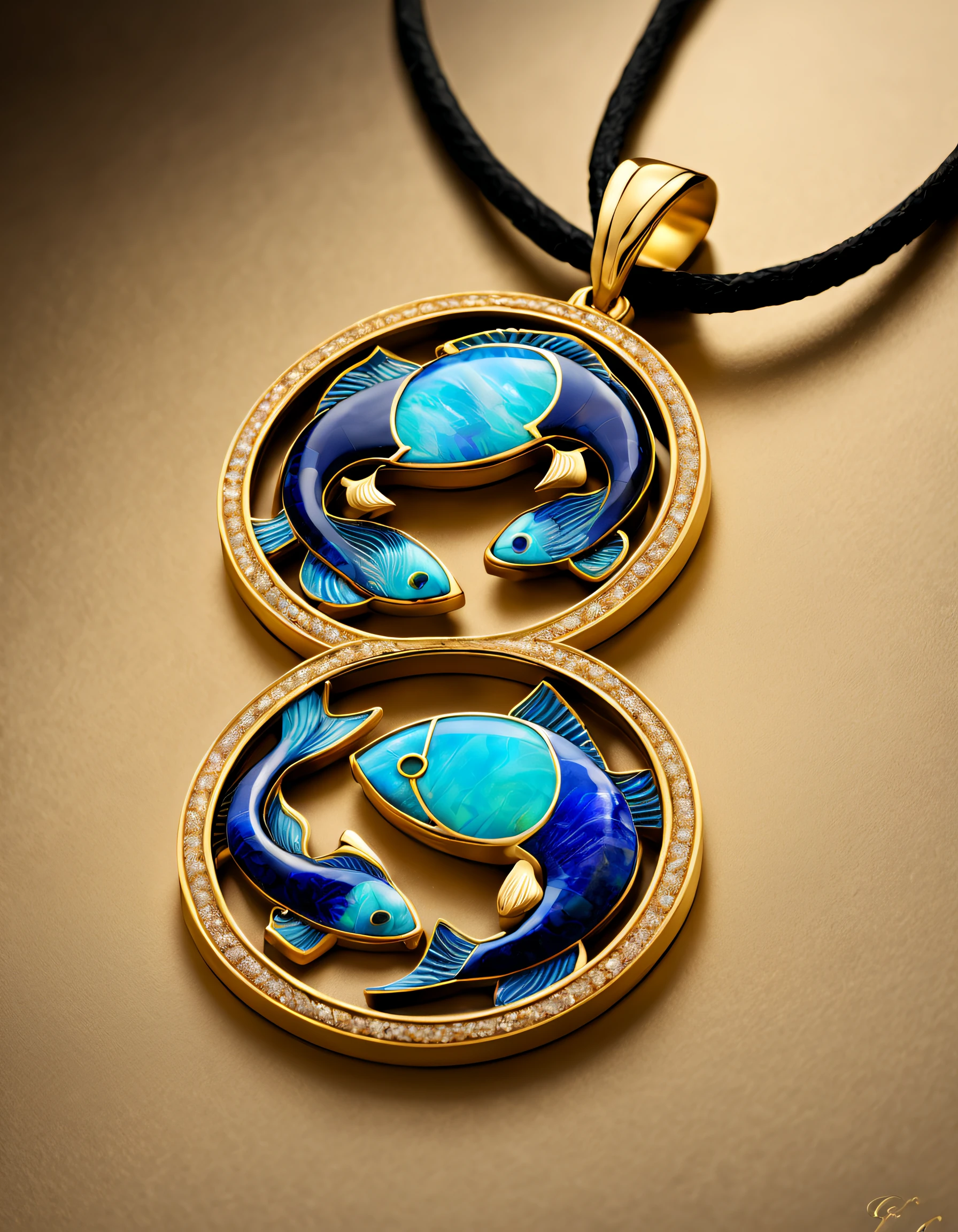 pendant design,Logo design,sense of science and technology, (Pisces pendant design), (double opal), Black gold border, lapis lazuli,turquesa,black shell,Golden Pisces symbol,( Golden Pisces), Van Cleef & Arpels & alpes , cartier, Background with: The white,The content is very detailed, Best quality, tmasterpiece, A high resolution, hyper realisitc, 8K,