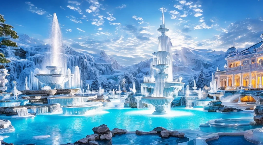 Light blue-white tones,(white crystal fountain),fantastical scenes,(Super spectacular fountain),(Super rich fountain),Various levels of waterfalls,Transformation crystal,Ice crystals,Super quality,tmasterpiece,Super refined,A lot of detail