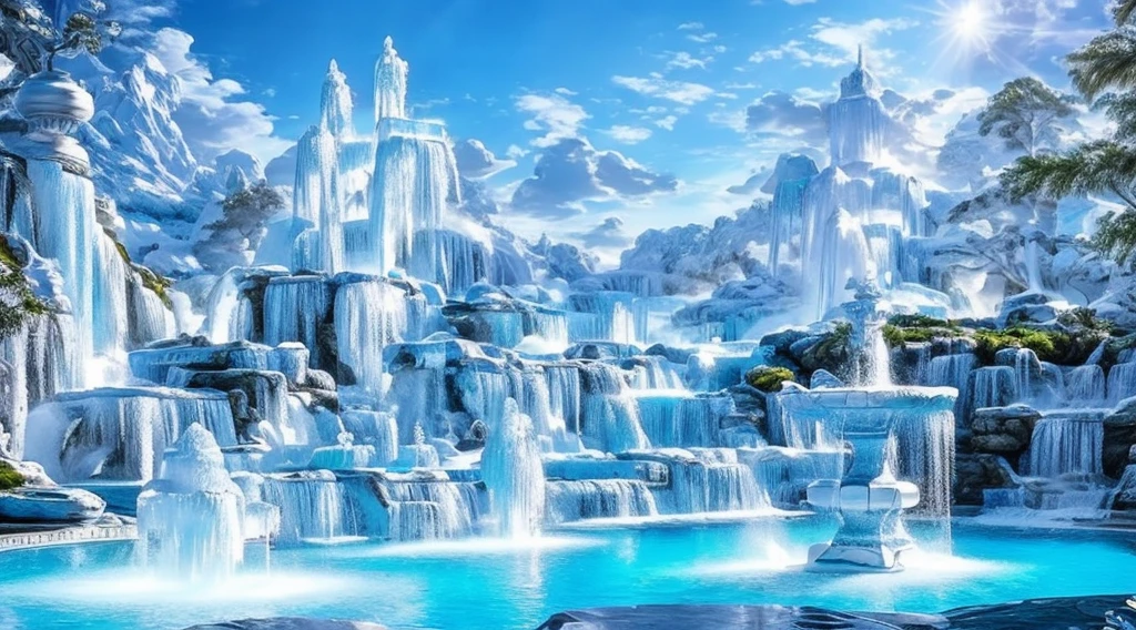 Light blue-white tones，(white crystal fountain)，fantastical scenes，(Super spectacular fountain)，(Super rich fountain)，Various levels of waterfalls，Transformation crystal，Ice crystals，Super quality，tmasterpiece，Super refined，A lot of detail