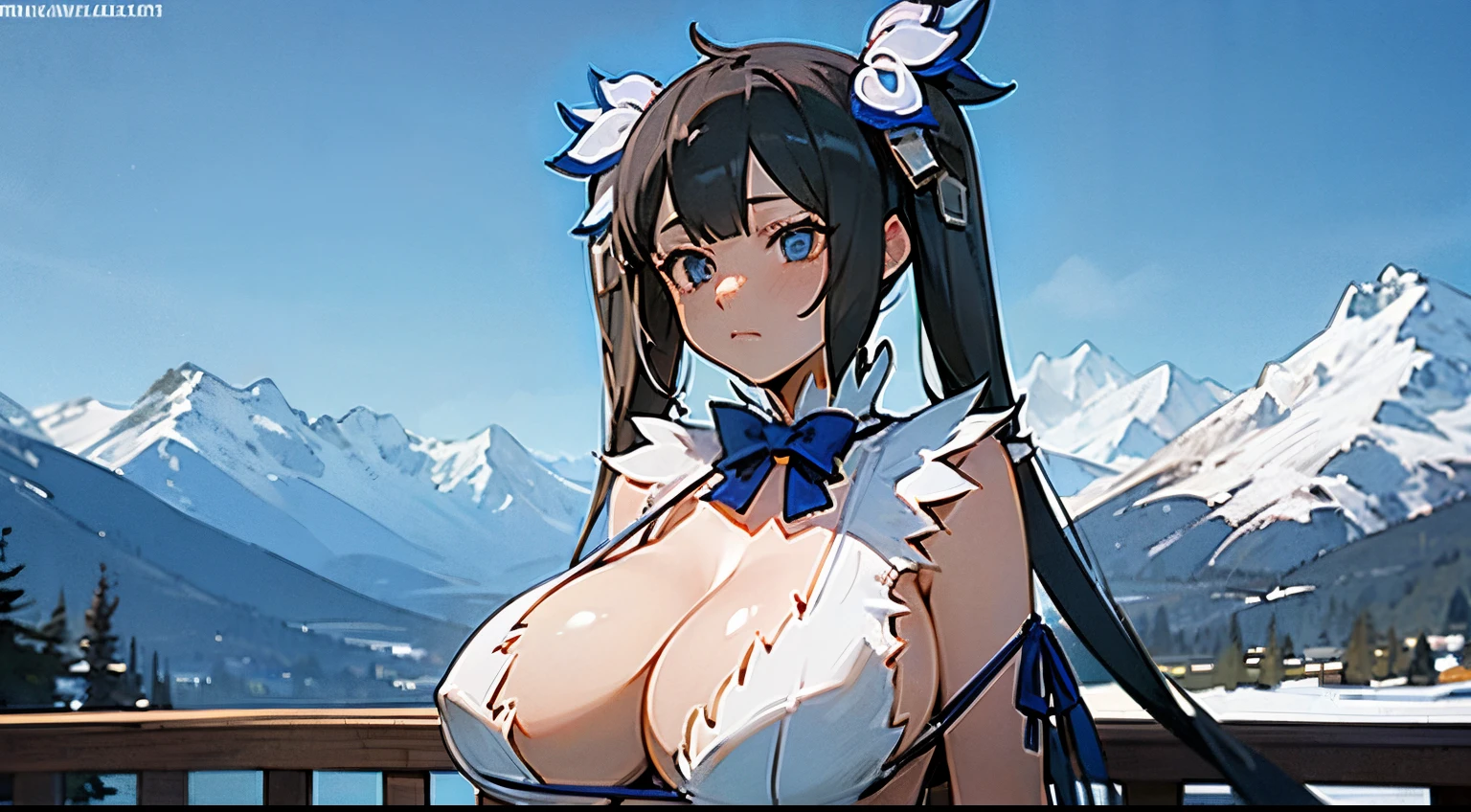 Hestia, huge tits, sexy, hot, perfect tits, perfect body, closed mouth, mountains,wallpaper, in underwear,in lingerie