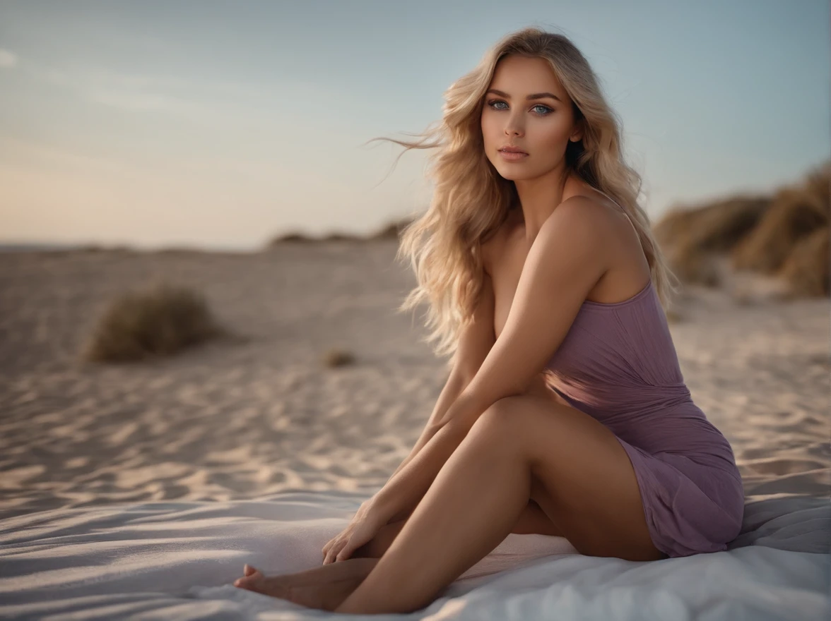 arafed woman fully , sexy girl with blue eyes, ultra realistic, meticulously detailed, portrait sophie mudd, blonde hair and large eyes, selfie of a young woman, on beach, violet myers, without makeup, natural makeup, looking directly at the camera, face with artgram, subtle makeup, stunning full body shot kneeling on bed, medium to large size bust