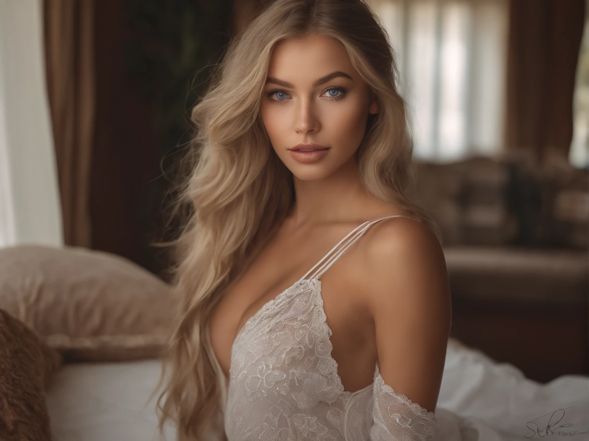 arafed woman fully , sexy girl with blue eyes, ultra realistic, meticulously detailed, portrait sophie mudd, blonde hair and large eyes, selfie of a young woman, on beach, violet myers, without makeup, natural makeup, looking directly at the camera, face with artgram, subtle makeup, stunning full body shot kneeling on bed, medium to large size bust