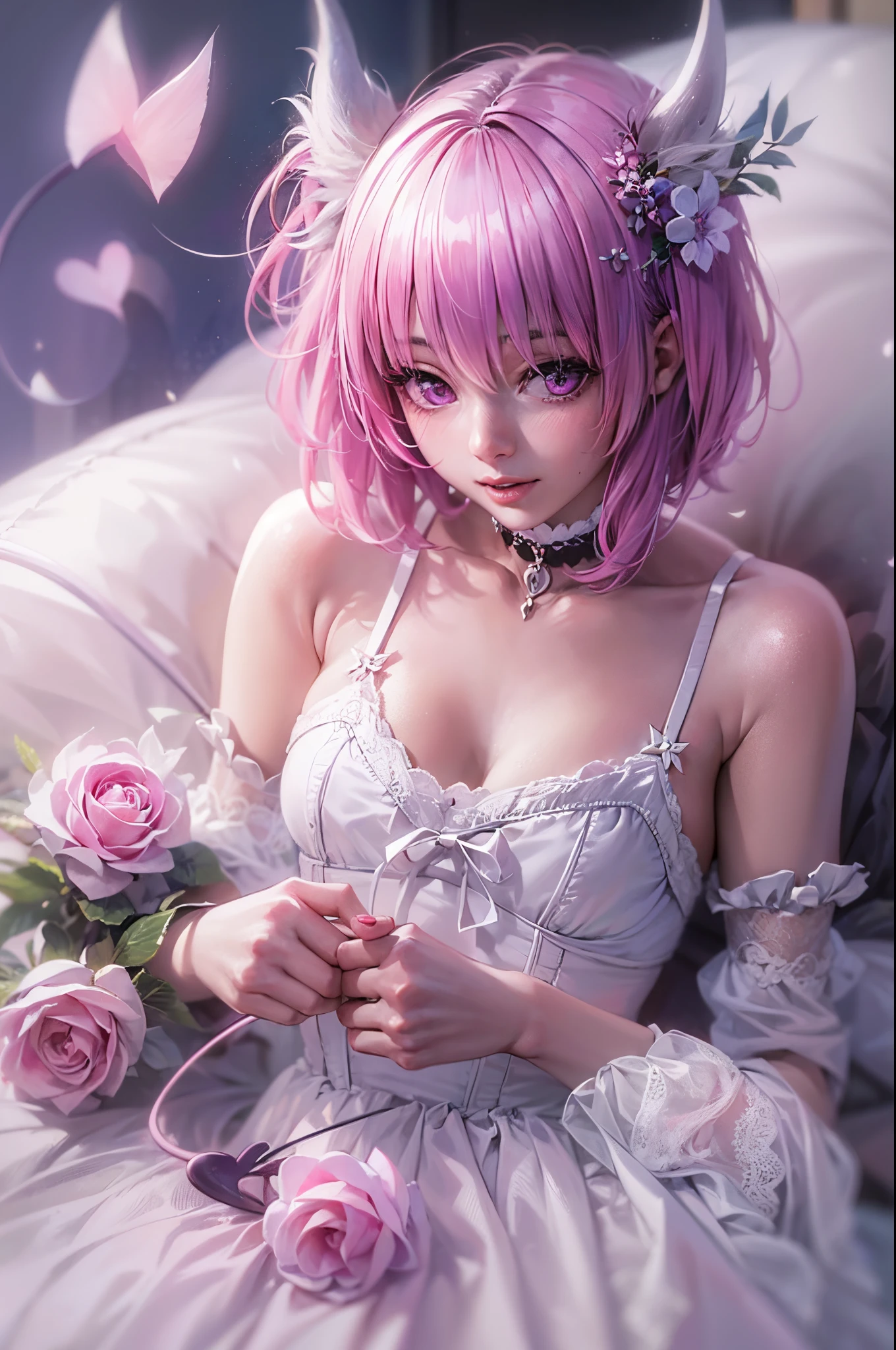 "((Momo Deviluke))14 years old, in realistic style, Mint Colored Lingerie with Garters and Corset, cinematic atmosphere, soft focus, ethereal glow, carefully posed, high resolution, mesmerizing details"demon tail,momo deviluke, demon tail, hair flower, hair ornament, (purple eyes:1.1), pink hair, short hair, tail,