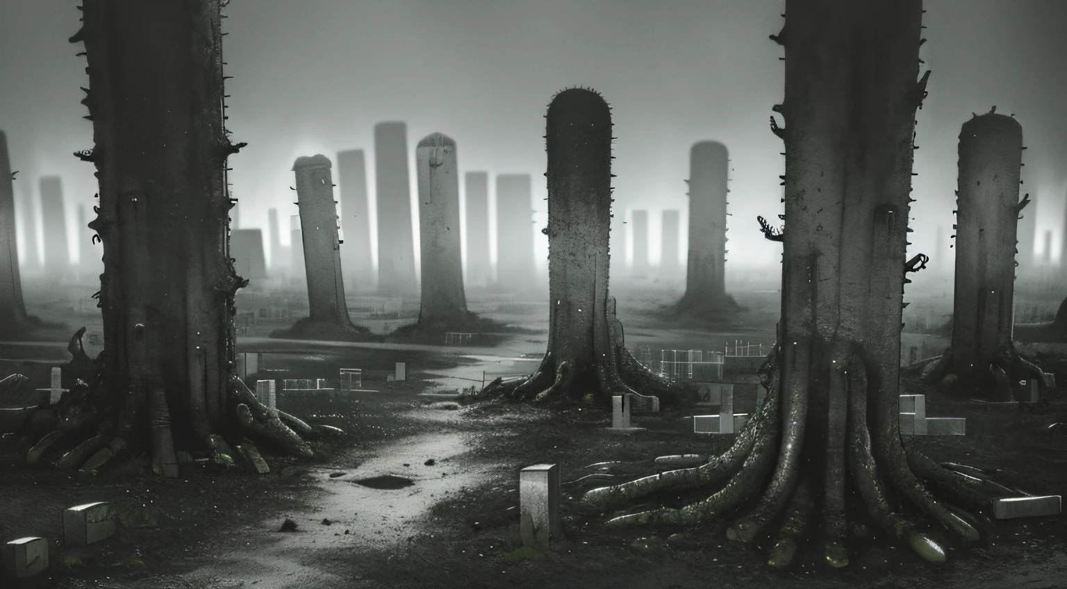 ((gloomy biopunk atmosphere)), ((biopunk tentacle cemetery)), dark gray worms, gloomy cold lighting, grey wasteland, lots of grey sand, (scorn videogame style), horror atmosphere, (presence of something terrible), highly detailed biopunk background, background by Hans Giger, perfect anatomy, masterpiece