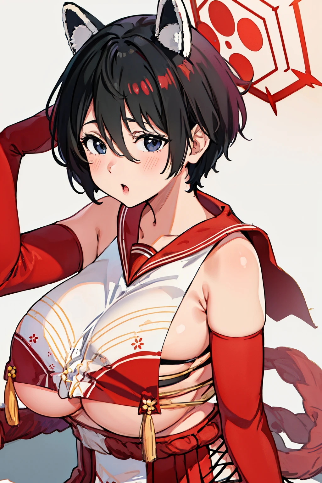 best quality, highres, 1girl, (huge breasts:1.2), tsubaki_bluearchive, short_hair, black_hair, animal_ears, bangs, hair_between_eyes, halo, black_eyes, outfit-tsubaki, breast curtain, red skirt, red sailor collar, elbow gloves, blush, embarrassed, animal ears