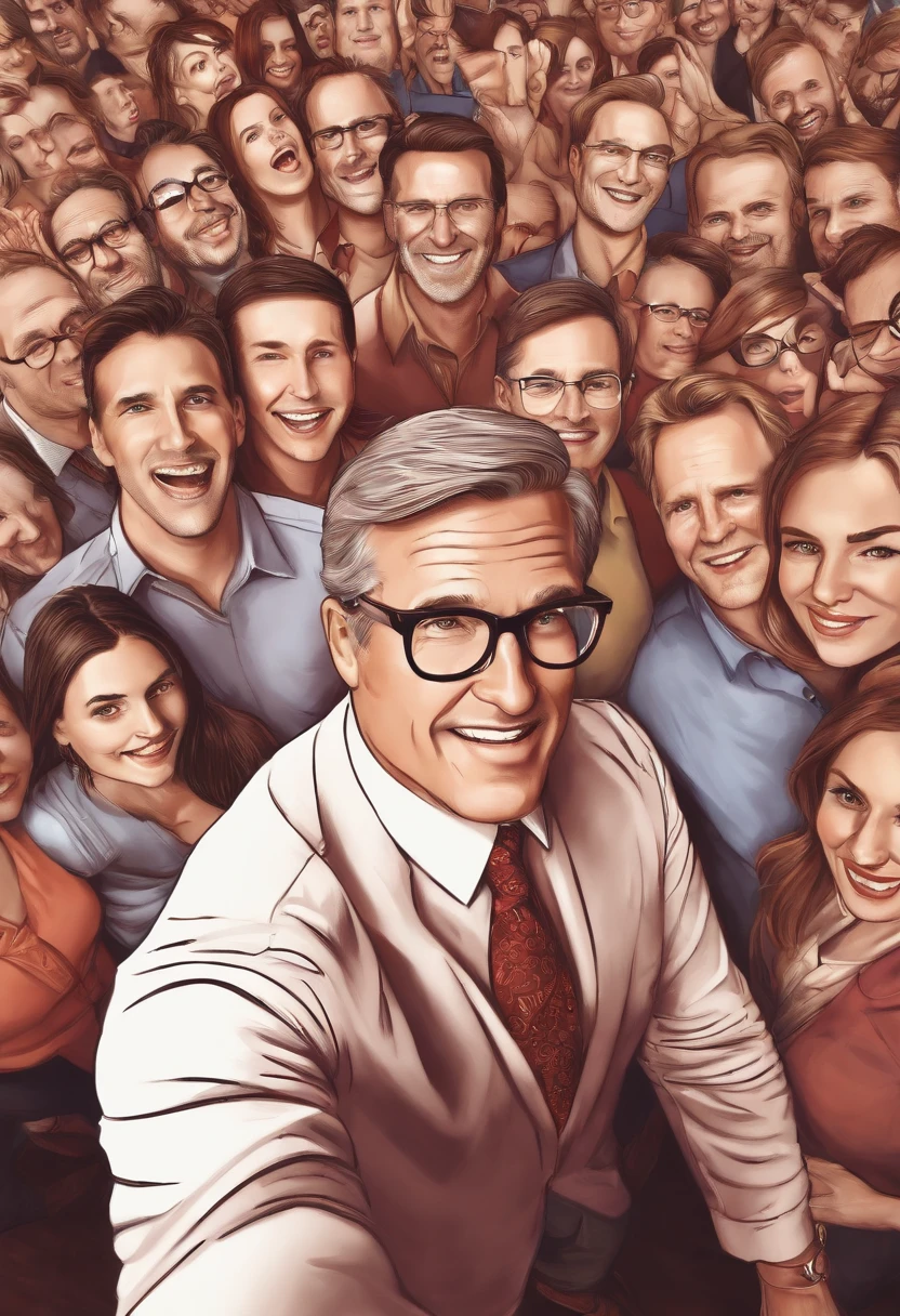 The image is of a frantic close-up selfie with a group of people in the background, as I passionately explain the benefits of extended warranties.,original,Middle-aged white guy in business casual attire. A bit nerdy