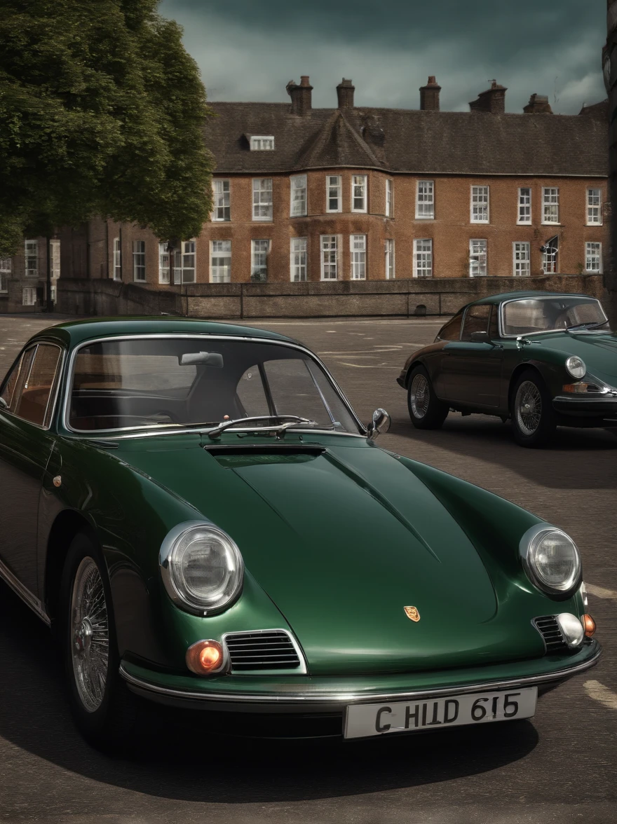 british,green,old,porche,top view,drone shot,close up,(best quality,4k,8k,highres,masterpiece:1.2),ultra-detailed,(realistic,photorealistic,photo-realistic:1.37),vivid colors,HDR,UHD,studio lighting,sharp focus,physically-based rendering,extremely detailed windows and tires,classic design,detailed interior,shiny paintwork,chrome accents,retro atmosphere,artistic angles,urban backdrop,glowing streetlights,iconic British car,powerful presence,luxury vehicle