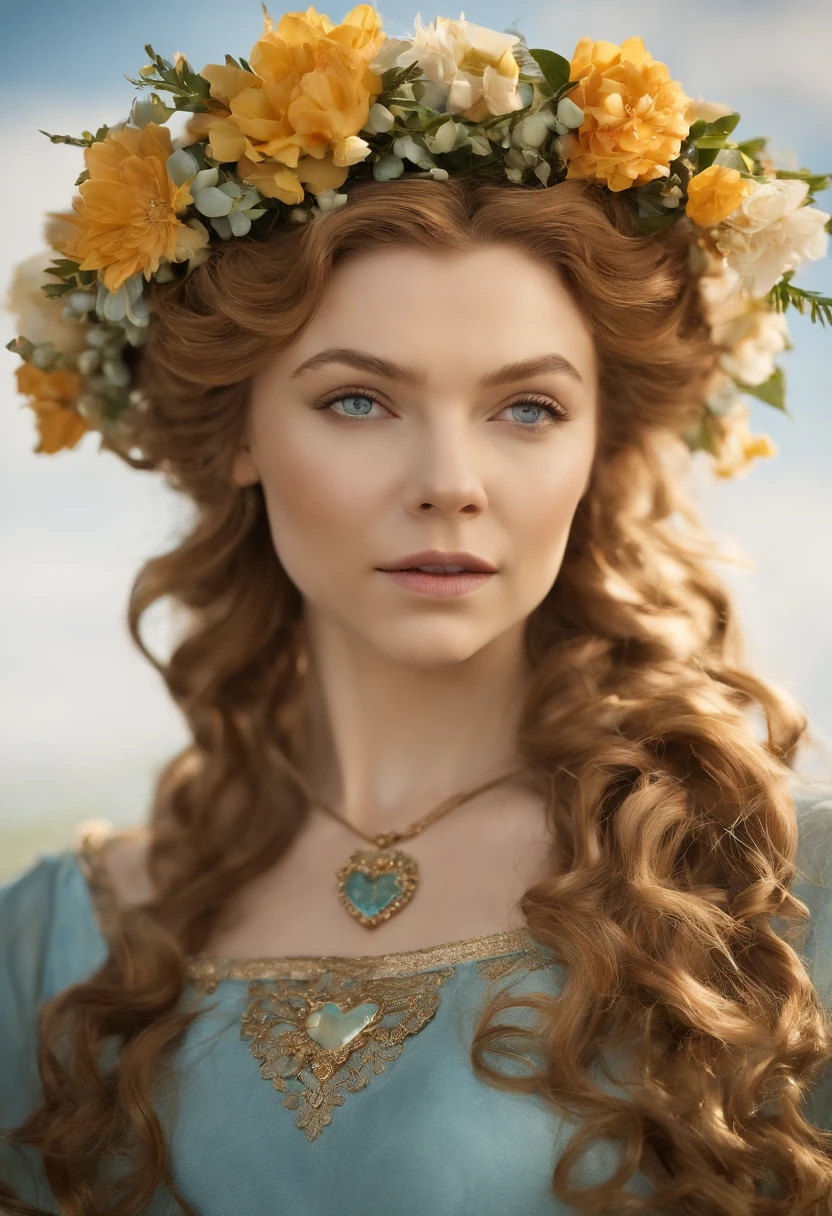 A beautifully crafted flower crown made of vibrant spring blooms and delicate ribbons,HBO's Game of Thrones,Margaery is pretty with curly auburn hair, a heart shaped face, green eyes, wears sky blue dresses with gold jewelry, famously portrayed by Natalie Dormer