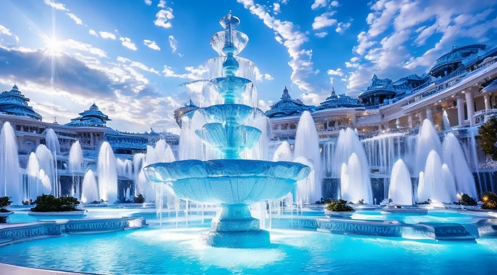 Light blue-white tones，Gorgeous interior space，Blend in with the beautiful white building，All white interior fantasy scene，((Super spectacular fountain))，(Super rich fountain)，Fountains at different levels，Transformation crystal，Ice crystals，Super quality，tmasterpiece，Super refined，A lot of detail，Splashing water droplets，feeling of mist，water vapor eruption
