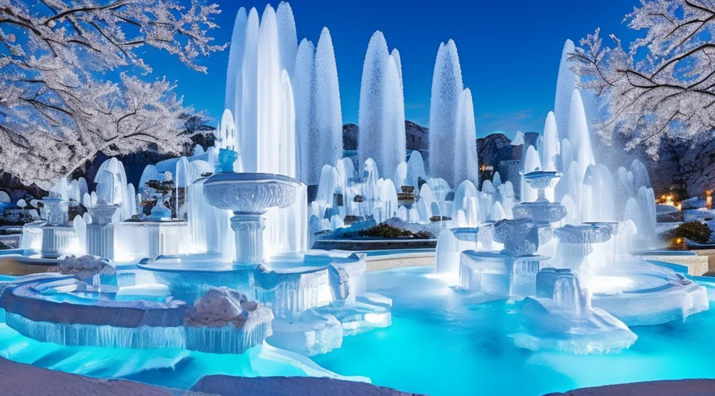 Light blue-white tones,(white crystal fountain),fantastical scenes,(Super spectacular fountain),(Super rich fountain),Waterfall fountains at different levels,Transformation crystal,Ice crystals,Super quality,tmasterpiece,Super refined,A lot of detail