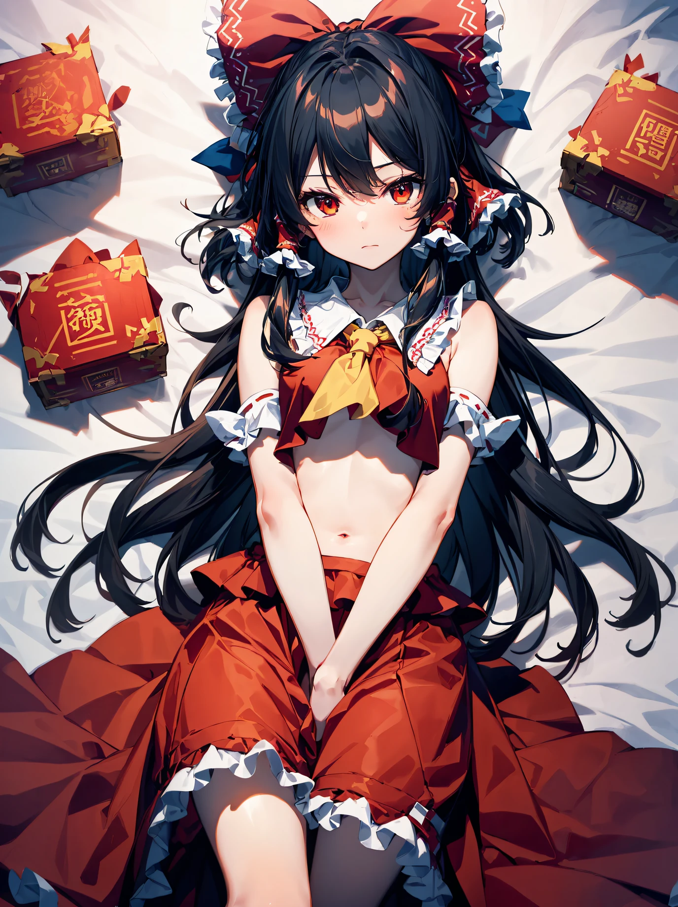 God quality, anime moe artstyle,best anime 8k konachan wallpaper,badass anime 8k,perfect anatomy, (Please draw Reimu Hakurei with flat chest from Touhou Project.:1.2) ,Sleeping and waking up photos。break,ultra-detailed,high resolution,super detailed skin, professional lighting,8k eye details, (cute illustration:1.2),