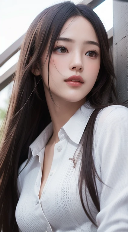 Photorealistic, masutepiece, Best Quality, Raw photo, 1girl in, Solo, Long hair, Brown hair, Detailed face, alluring face, Collared shirt, medium breasts, Dynamic Pose, Looking at Viewer, From below, Detailed background, fine detailed, intricate detailes, Ray tracing, depth of fields, lowkey, nffsw